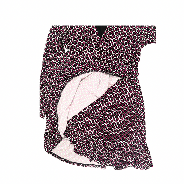 Black and maroon patterned dress with white lining on a white background