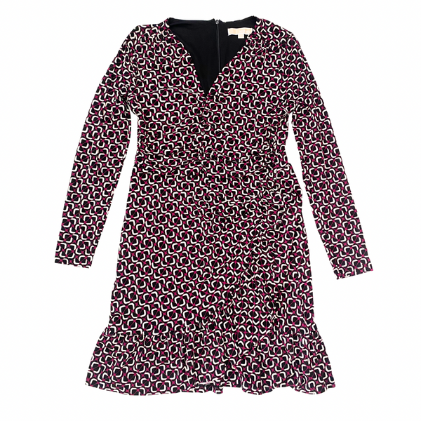 Michael Michael Kors geometric print long sleeve ruched dress in maroon, black and white, size L, laid flat.