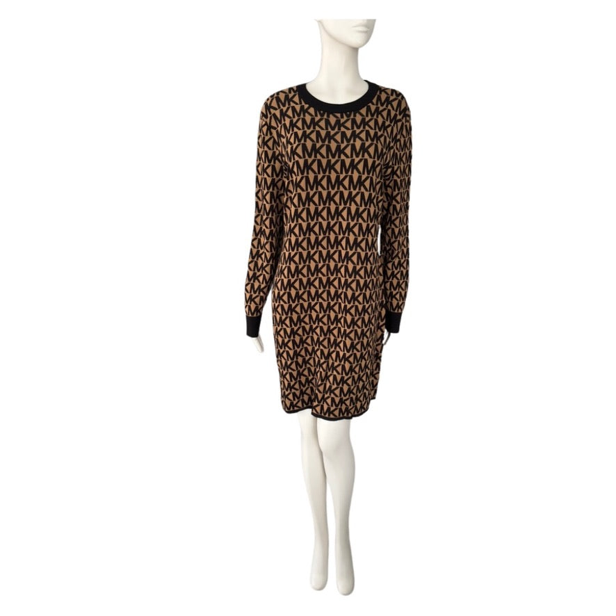 Brown patterned dress on a mannequin against a white background