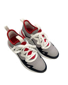 Gray and red sneakers with white laces on a white background