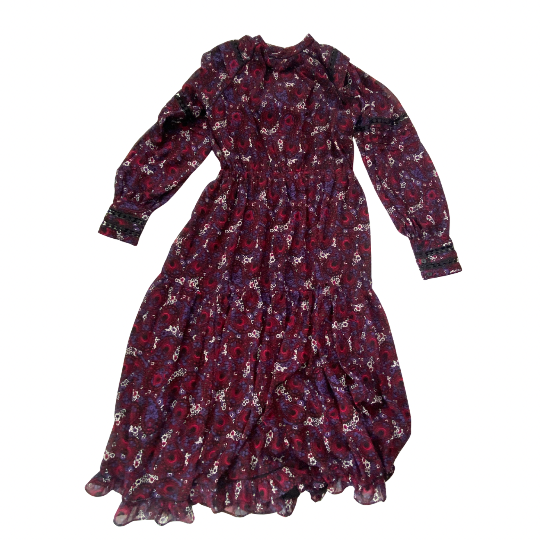 Long-sleeve dress with paisley pattern on a white background