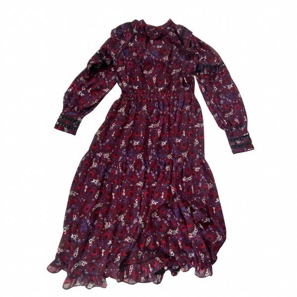 Long-sleeve dress with paisley pattern on a white background