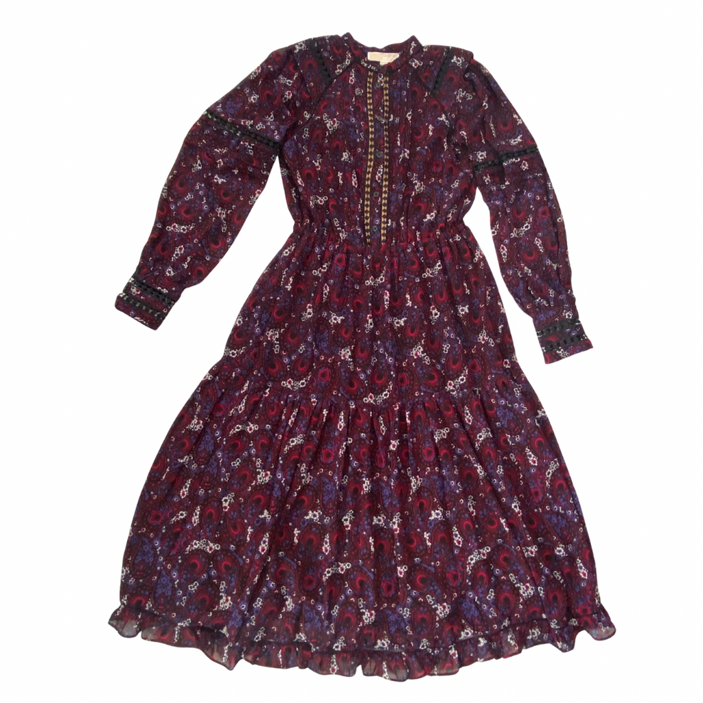 Michael Kors burgundy paisley print midi dress with embroidery and ruffle hem. 