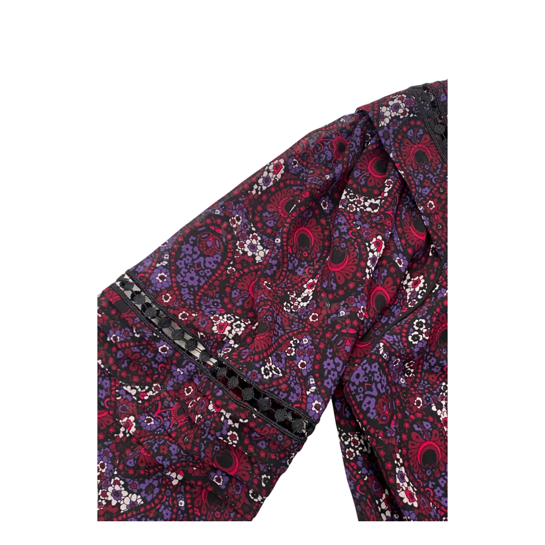 Patterned dress sleeve burgundy paisley print with black and white colours on a white background