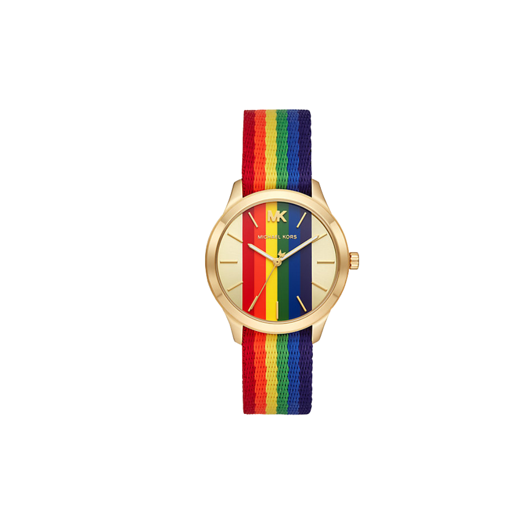 Gold watch with a rainbow strap on a white background