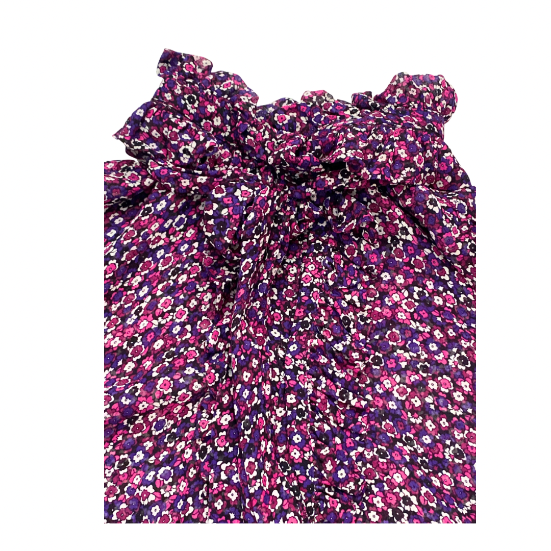 close-up Floral blouse with ruffled neck  on a white background