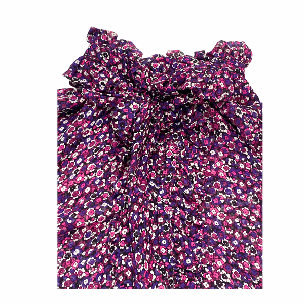 close-up Floral blouse with ruffled neck  on a white background