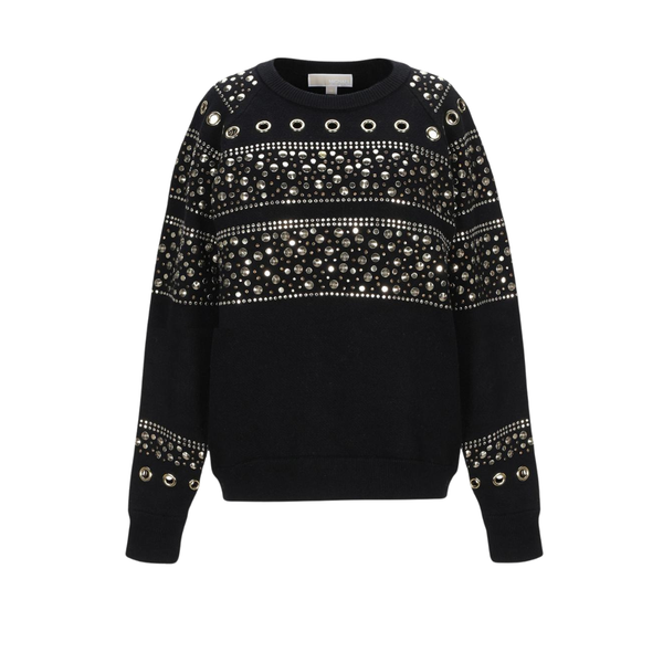 Black sweater with decorative studs on a white background