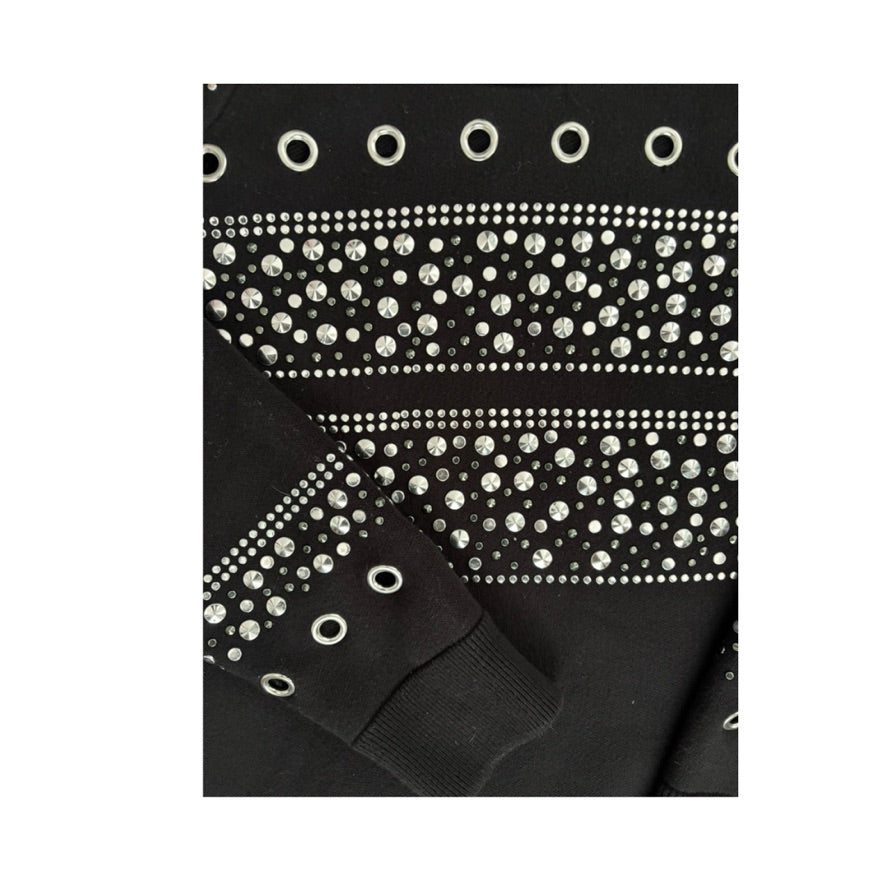 Black fabric with silver rhinestone embellishments on a white background