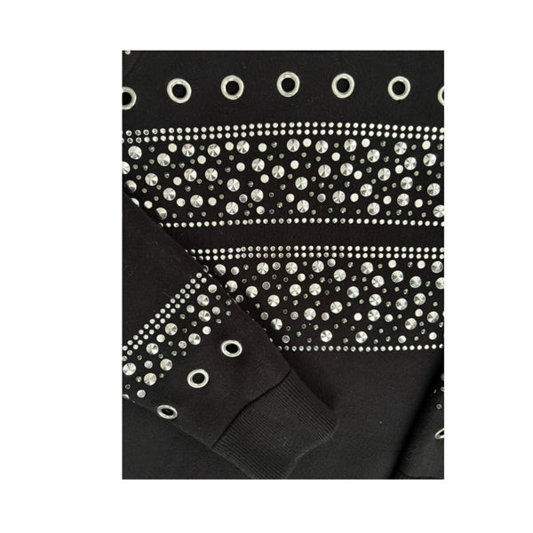 Black fabric with silver rhinestone embellishments on a white background
