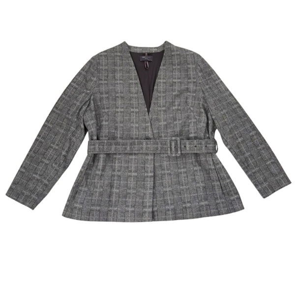 Gray checkered jacket with a belt on a white background