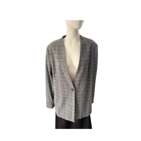 Gray checkered blazer on a mannequin against a white background