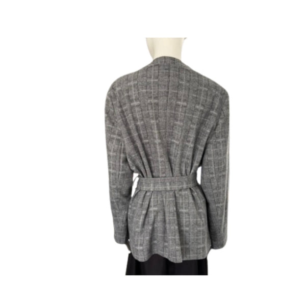 Gray checkered blazer on a mannequin against a white background