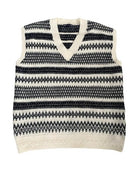 Black and white patterned sleeveless sweater vest on a white background