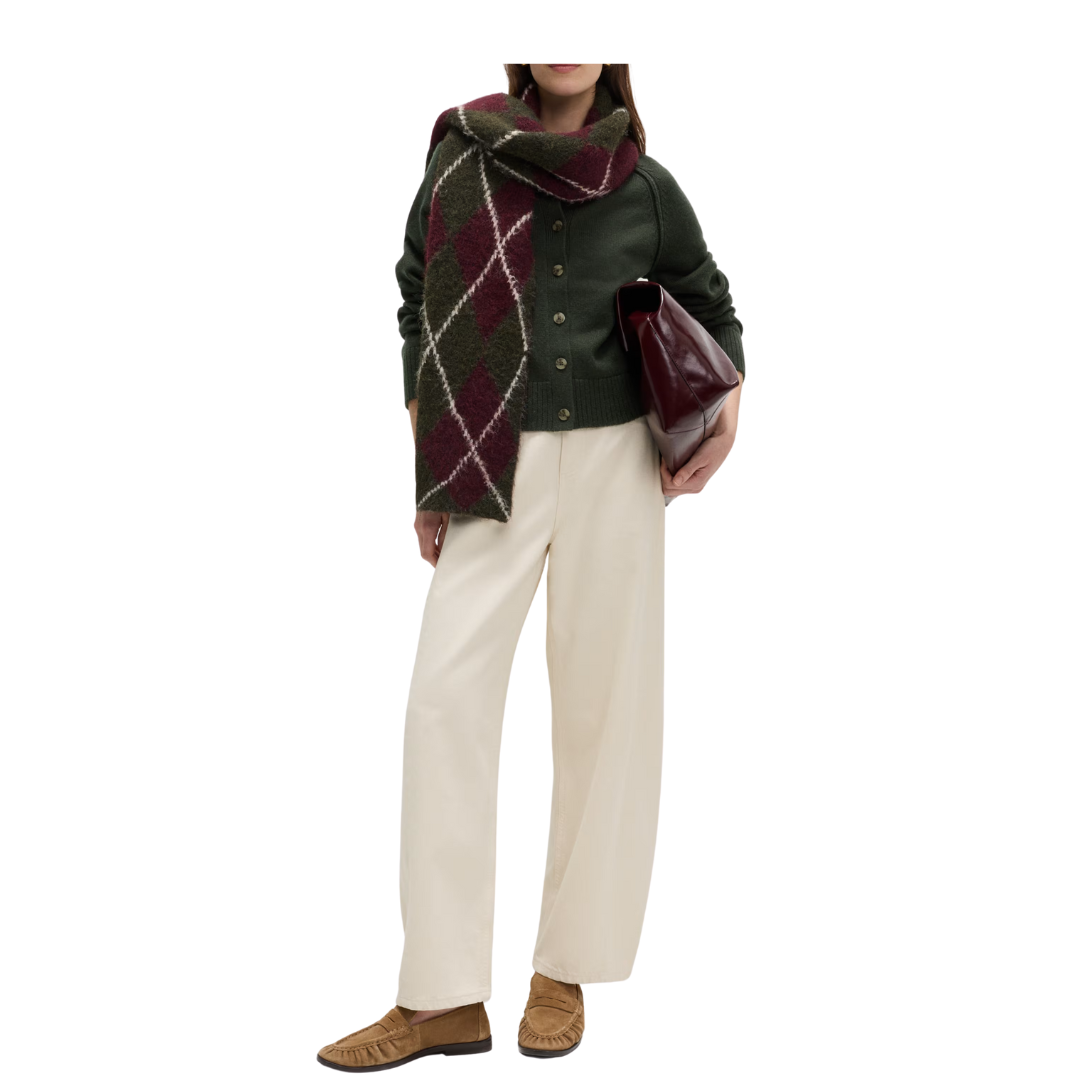 Person wearing a green jacket with a patterned scarf, holding a red bag, on a white background