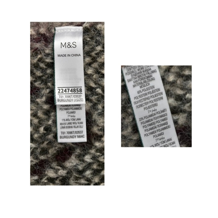 Close-up of a M&S label on fabric with text details.