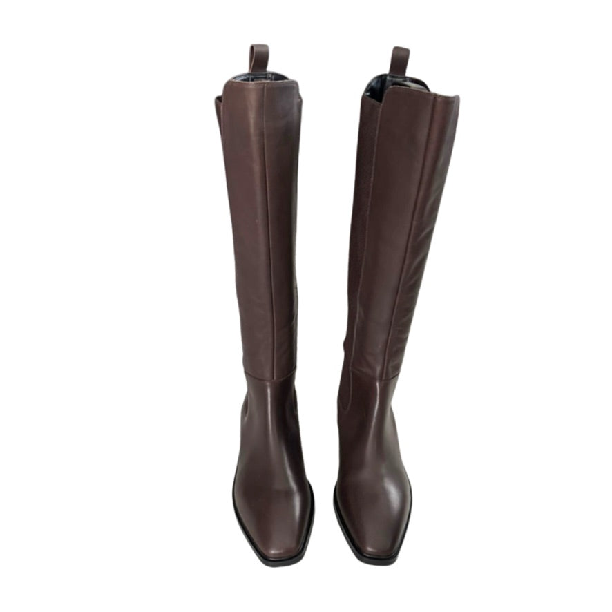 Pair of brown knee-high boots on a white background
