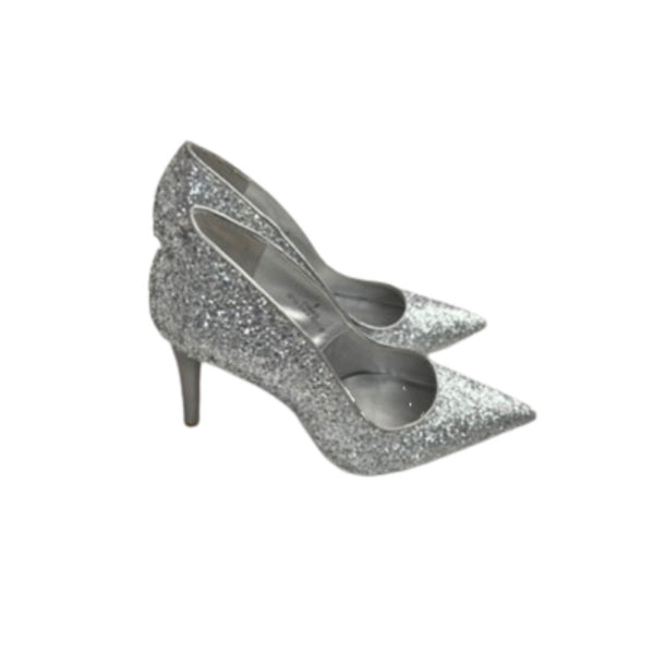 Silver glitter high-heeled shoes on a white background