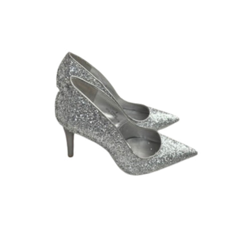 Silver glitter high-heeled shoes on a white background