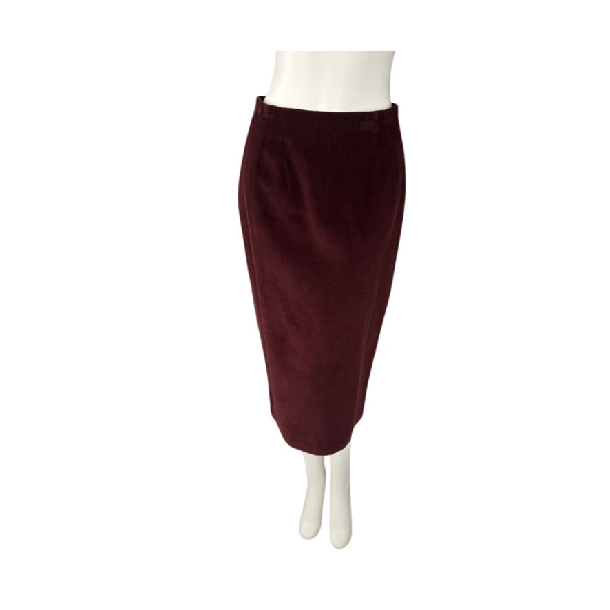 Burgundy skirt on a mannequin against a white background