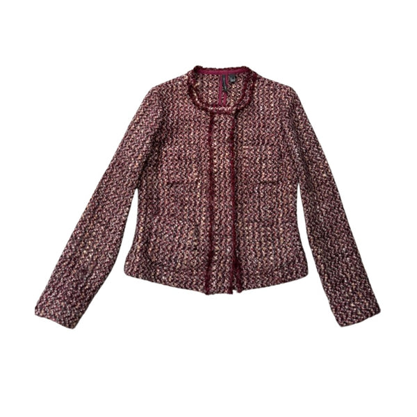 Textured jacket with a patterned collar on a white background