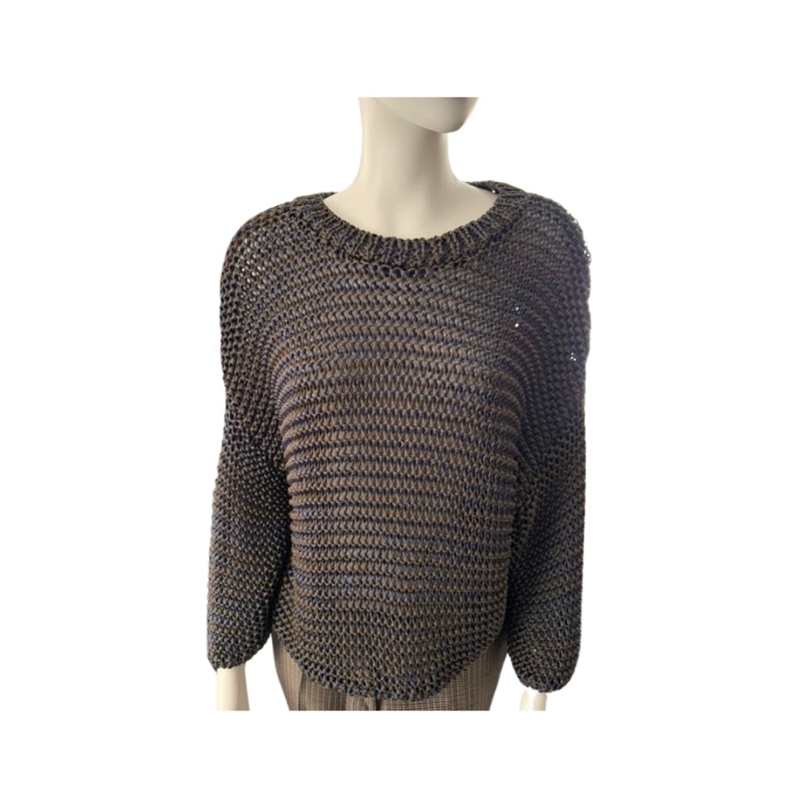 Mannequin wearing a dark gray knit sweater on a white background