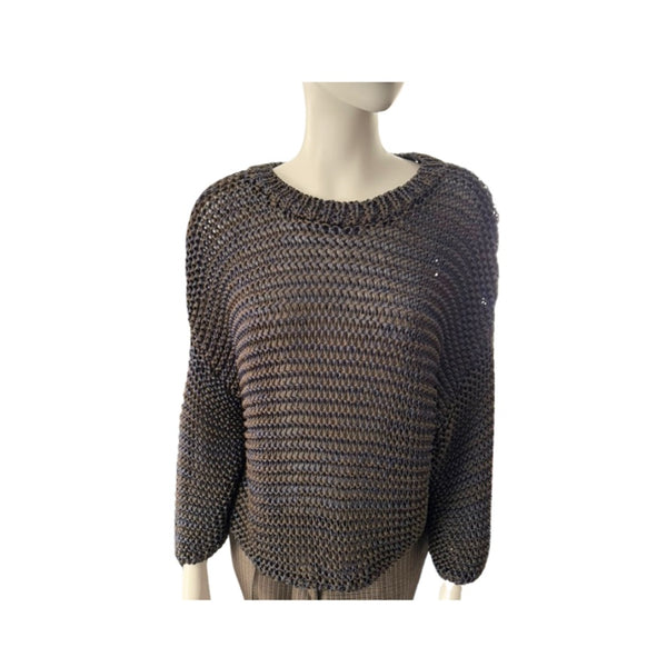 Mannequin wearing a dark gray knit sweater on a white background