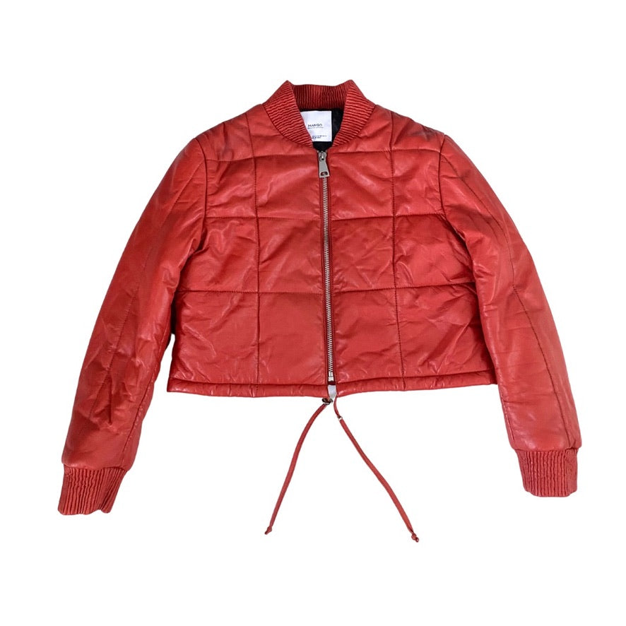 Orange leather jacket on a white background