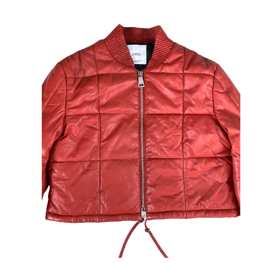 Orange puffer jacket on a white background