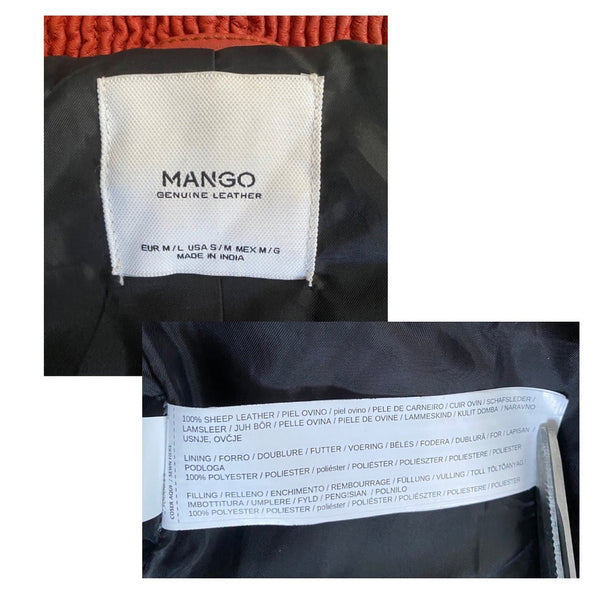 Mango brand label on a black leather jacket with additional text details.