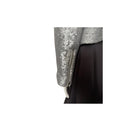 Silver sequined jacket with a black skirt on a white background