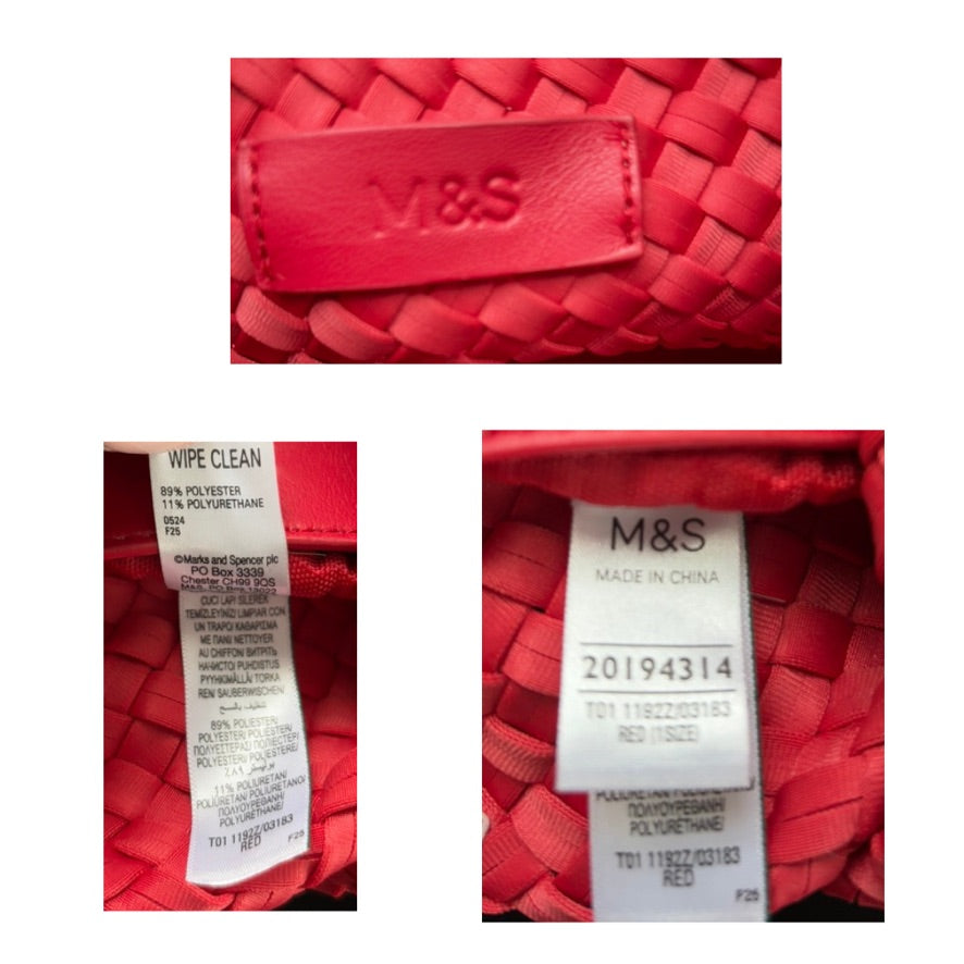 Red woven bag with M&S label and care instructions on a white background
