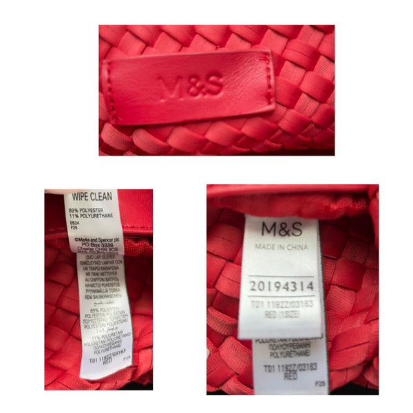 Red woven bag with M&S label and care instructions on a white background