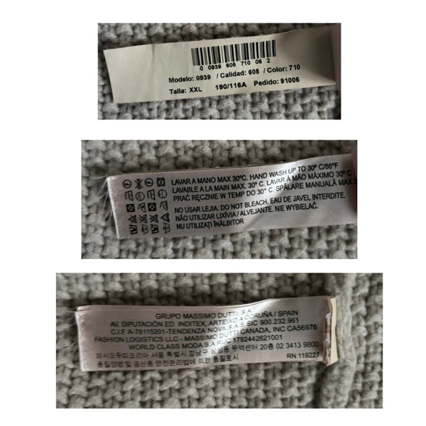 Three clothing labels with text and symbols on a textured fabric background