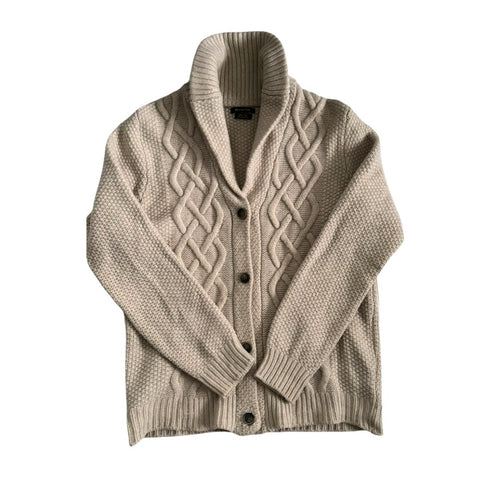 Beige cable knit cardigan on a white background