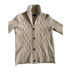 Beige cable knit cardigan on a white background