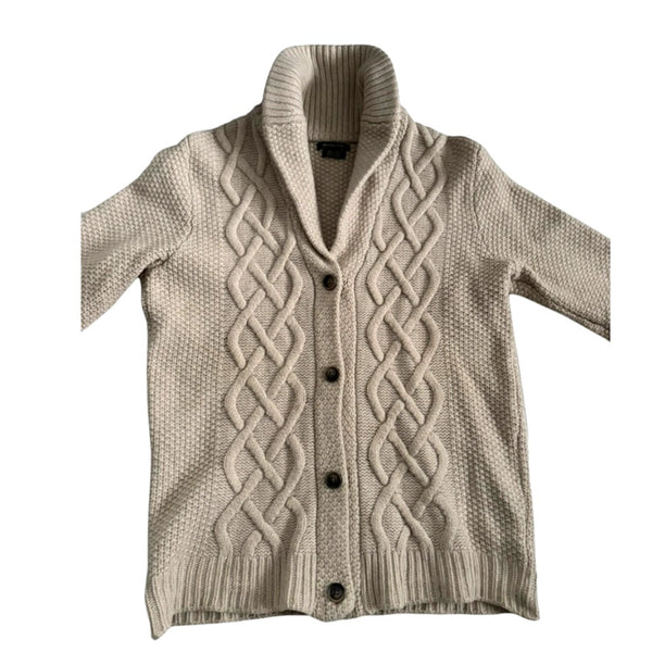 Beige cable knit cardigan on a white background
