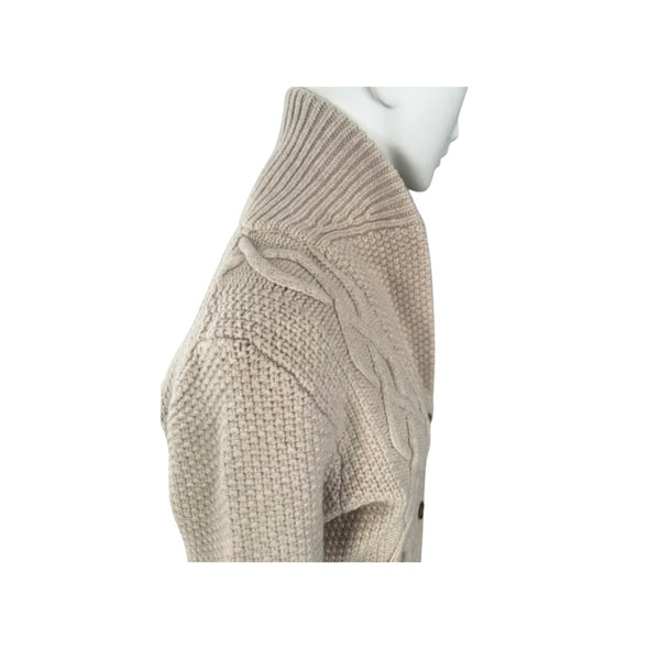 Beige knitted sweater on a mannequin against a white background