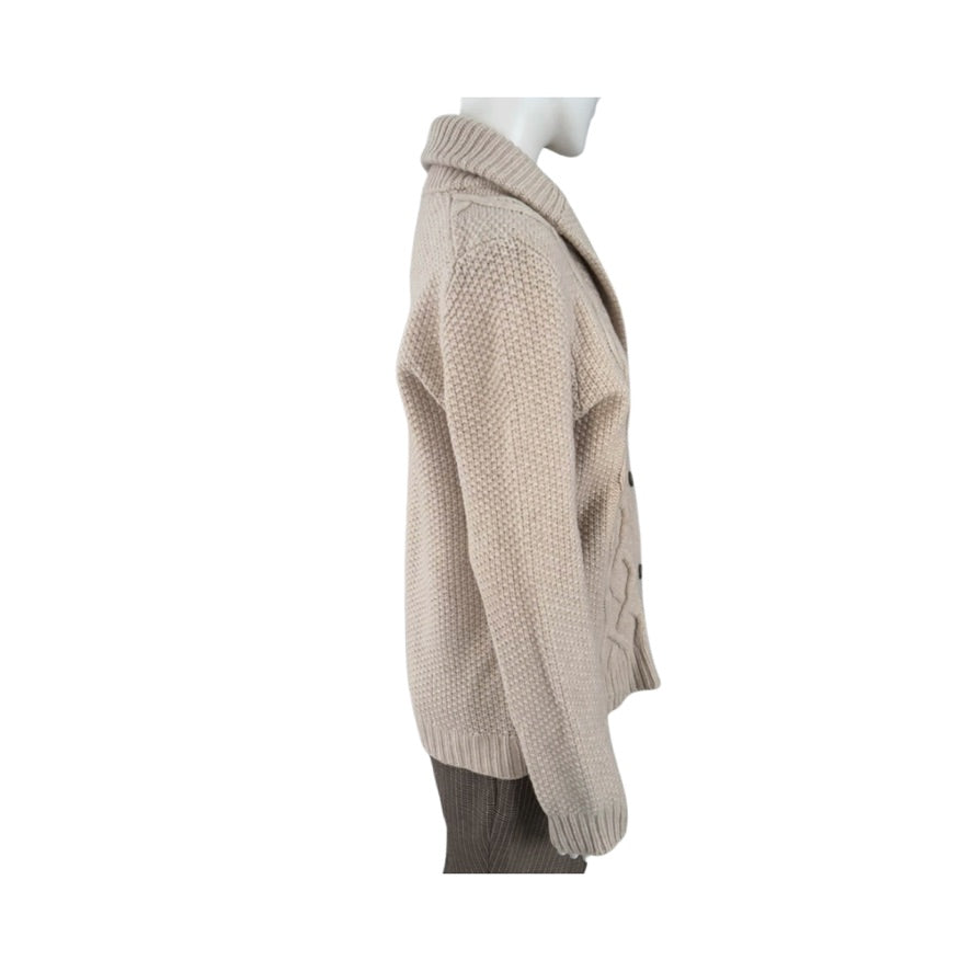 Beige knitted cardigan on a mannequin against a white background