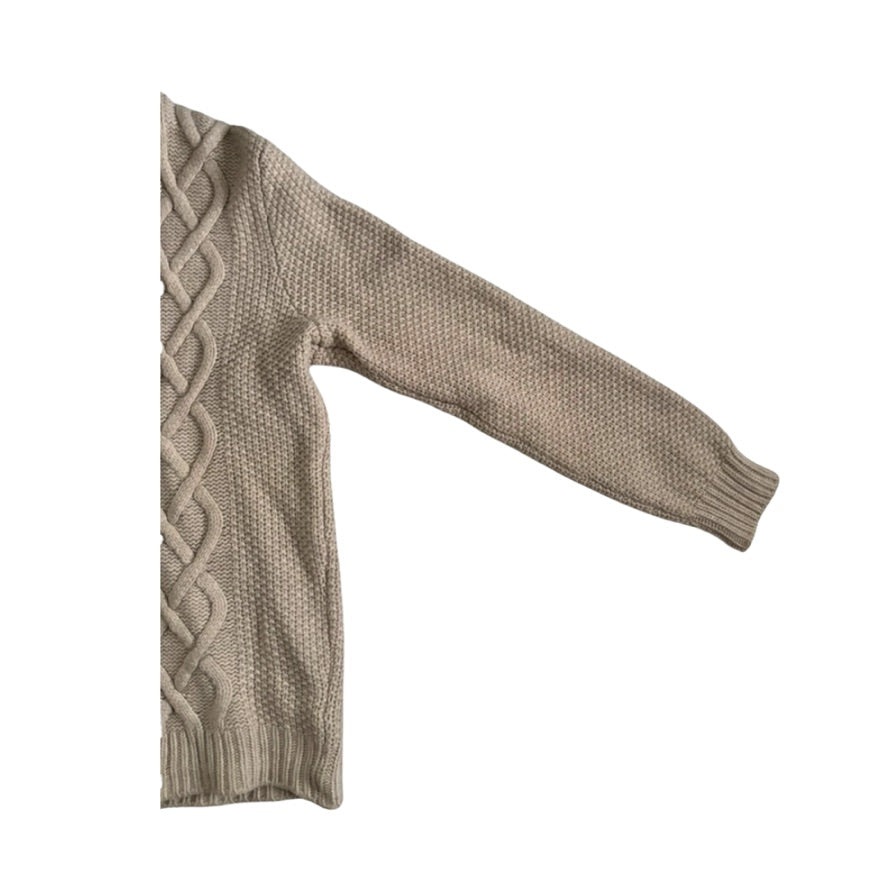 Beige sweater with cable knit pattern on a white background