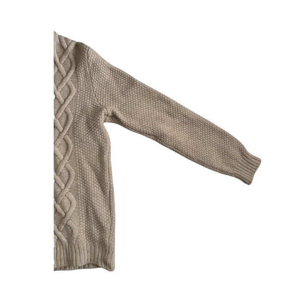 Beige sweater with cable knit pattern on a white background