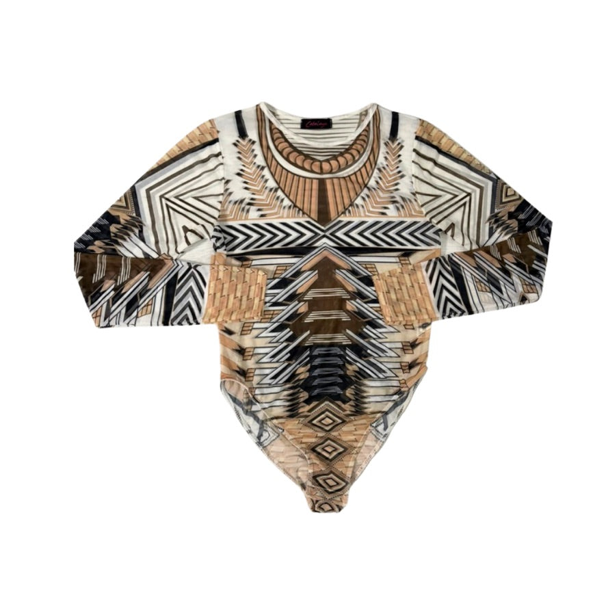 Patterned long-sleeve top on a white background