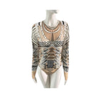 Mannequin wearing a patterned long-sleeve top on a white background