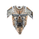 Long-sleeve top with geometric pattern on a white background