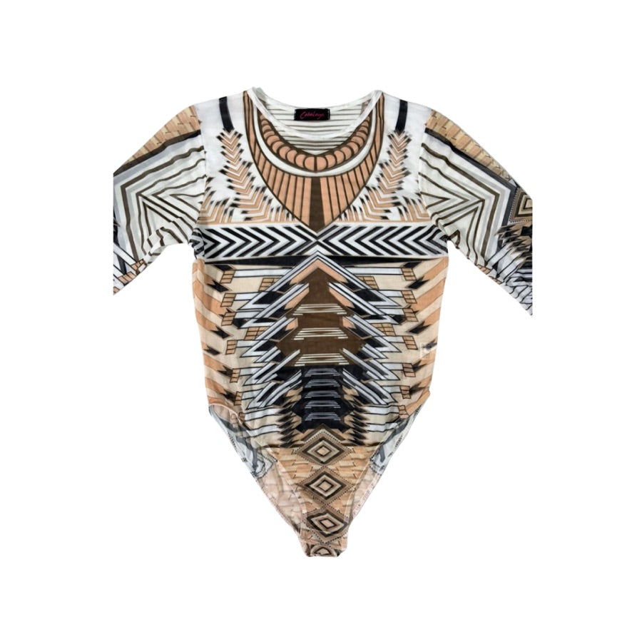 Long-sleeve top with geometric pattern on a white background