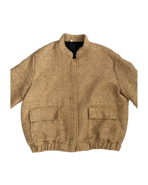Gold textured jacket with two front pockets on a white background