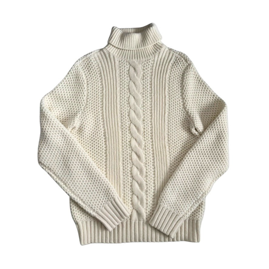 Beige turtleneck sweater with cable knit pattern on a white background