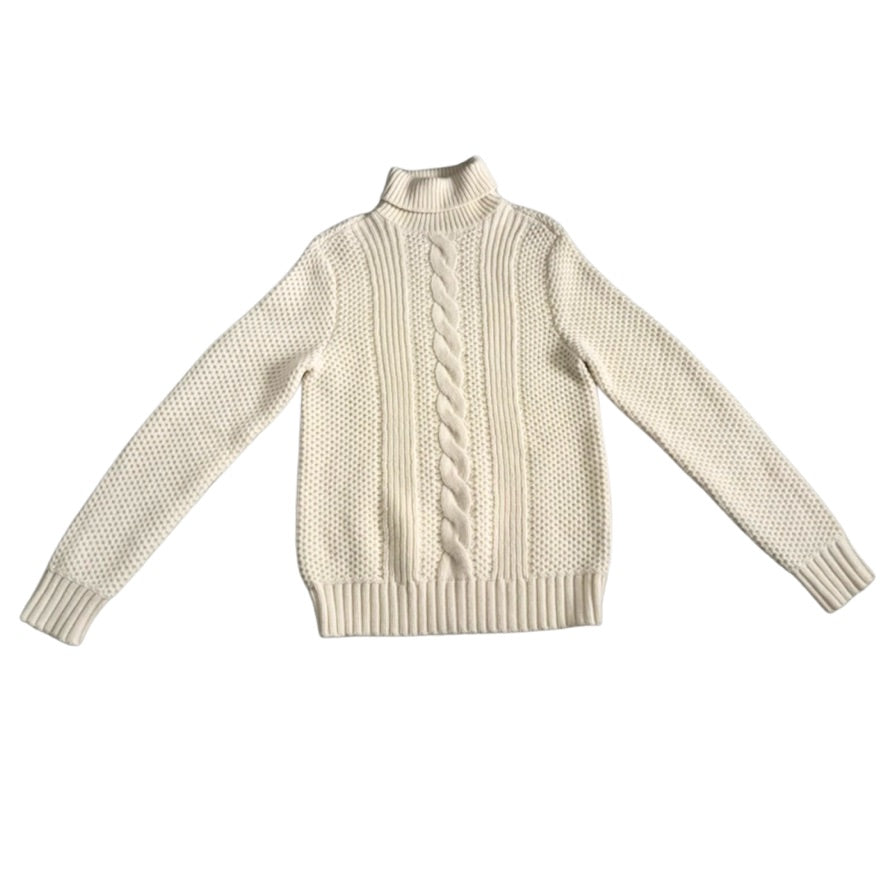 Beige knitted sweater with cable pattern on a white background