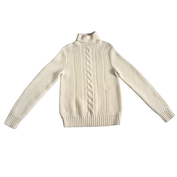 Beige knitted sweater with cable pattern on a white background