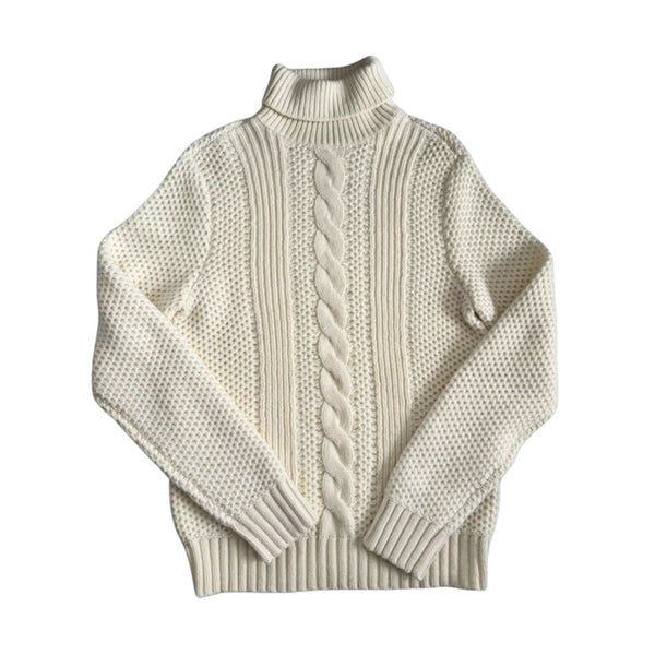 Beige turtleneck sweater with cable knit pattern on a white background